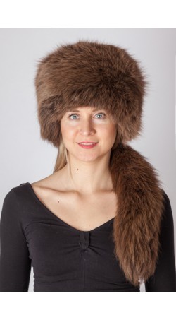 Brown fox fur hat with tail